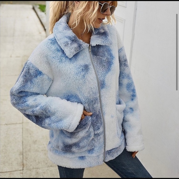 23) New! Teddy Tie Dye Blue Sherpa fleece tie dye zip Up Jacket Coat - Picture 3 of 6
